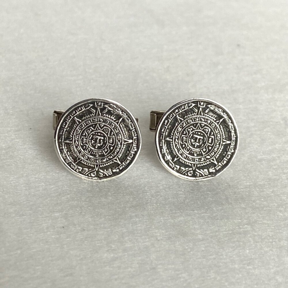 VTG Taxco Mexico Sterling Silver 925 Alpaca Aztec Mayan Calendar CuffLinks